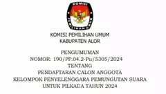 Pengumuman KPU Kabupaten Alor Nomor: 190/PP.04.2-Pu/5305/2024 Tentang Pendaftaran Calon Anggota KPPS Untuk Pilkada Tahun 2024
